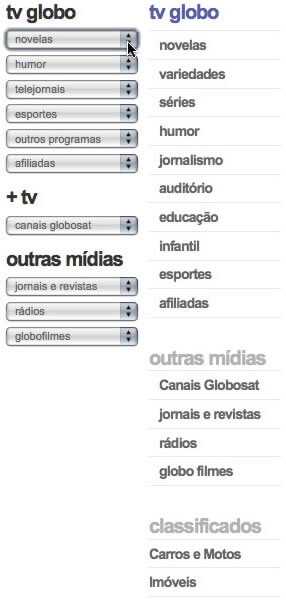 Comparação entre os menus